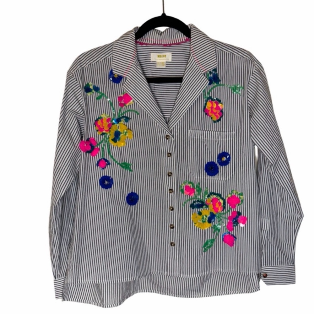 maeve Anthropologie Blue Pink yellow Floral Striped sequin Button Down Shirt